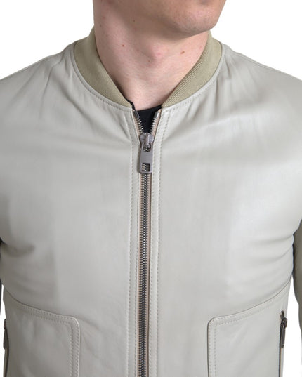 Dolce & Gabbana Cream Leather Bomber Blouson Full Zip Jacket