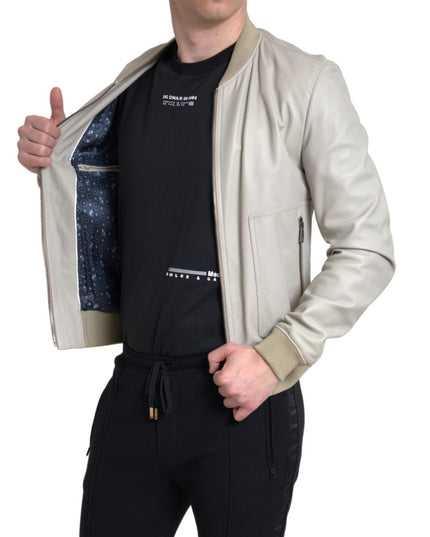 Dolce & Gabbana Cream Leather Bomber Blouson Full Zip Jacket