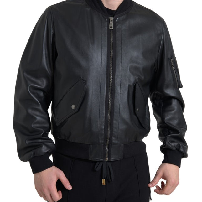 Dolce & Gabbana Black Leather Blouson Full Zip Bomber Jacket