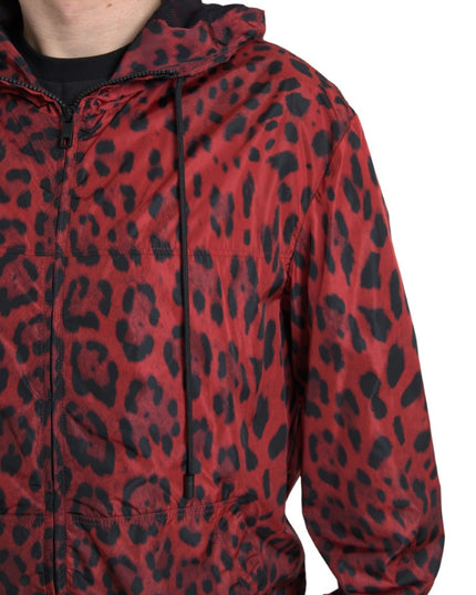 Dolce & Gabbana Red Leopard Hooded Bomber Full Zip Jacket