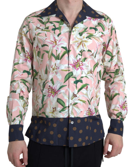 Dolce & Gabbana Cotton Polka Dot Lily Print Collared Shirt