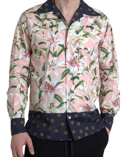 Dolce & Gabbana Cotton Polka Dot Lily Print Collared Shirt