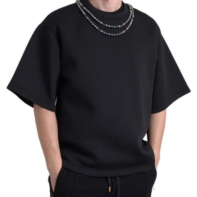 Dolce & Gabbana Black Necklace Embellished Polyester T-shirt