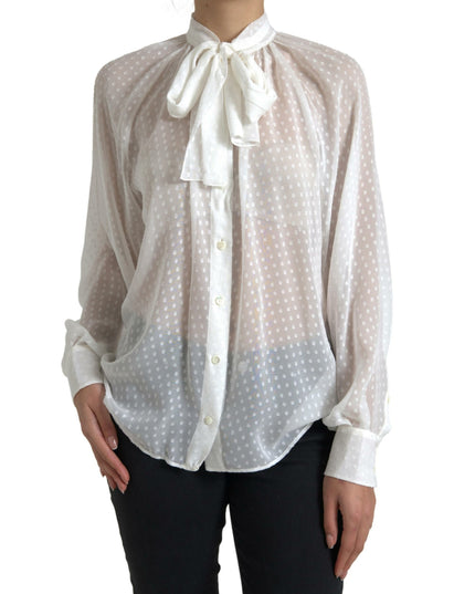 Dolce & Gabbana White Silk Sheer Tied Neck Polka Dots Blouse