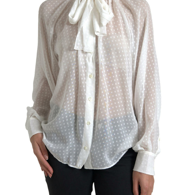 Dolce & Gabbana White Silk Sheer Tied Neck Polka Dots Blouse