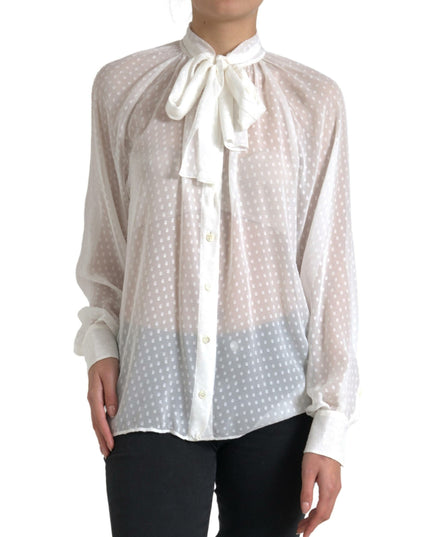 Dolce & Gabbana White Silk Sheer Tied Neck Polka Dots Blouse