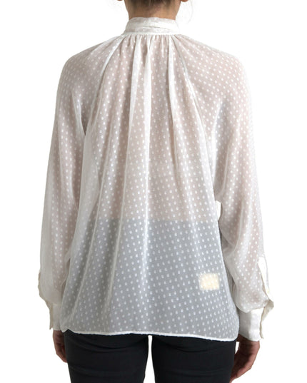 Dolce & Gabbana White Silk Sheer Tied Neck Polka Dots Blouse