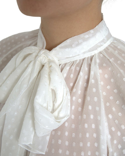 Dolce & Gabbana White Silk Sheer Tied Neck Polka Dots Blouse