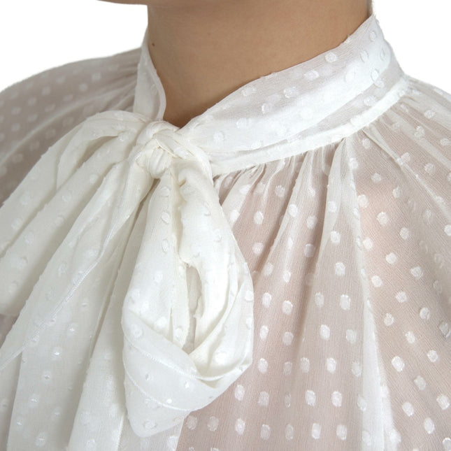 Dolce & Gabbana White Silk Sheer Tied Neck Polka Dots Blouse