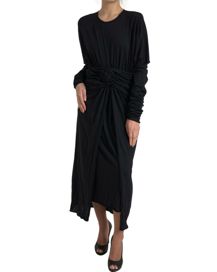 Dolce & Gabbana Black Wool Wrap Sheath Midi Gown Dress