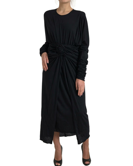 Dolce & Gabbana Black Wool Wrap Sheath Midi Gown Dress