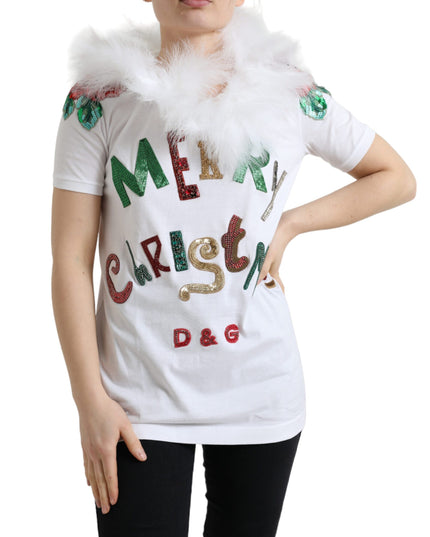 Dolce & Gabbana White Cotton Christmas Sequin Fur T-shirt