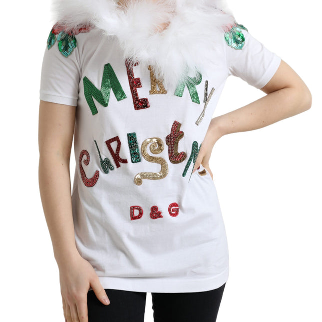 Dolce & Gabbana White Cotton Christmas Sequin Fur T-shirt