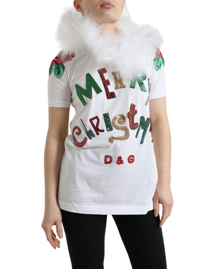 Dolce & Gabbana White Cotton Christmas Sequin Fur T-shirt