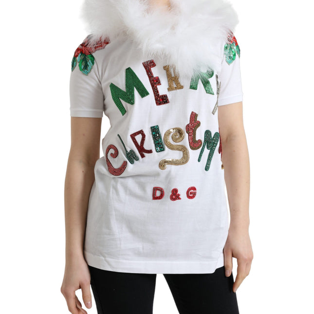 Dolce & Gabbana White Cotton Christmas Sequin Fur T-shirt
