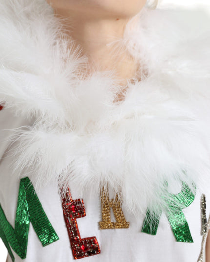Dolce & Gabbana White Cotton Christmas Sequin Fur T-shirt