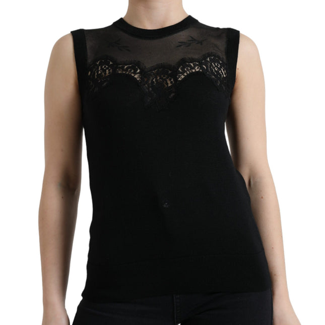 Dolce & Gabbana Black Cashmere Lace Trim Sleeveless Tank Top
