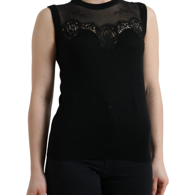 Dolce & Gabbana Black Cashmere Lace Trim Sleeveless Tank Top