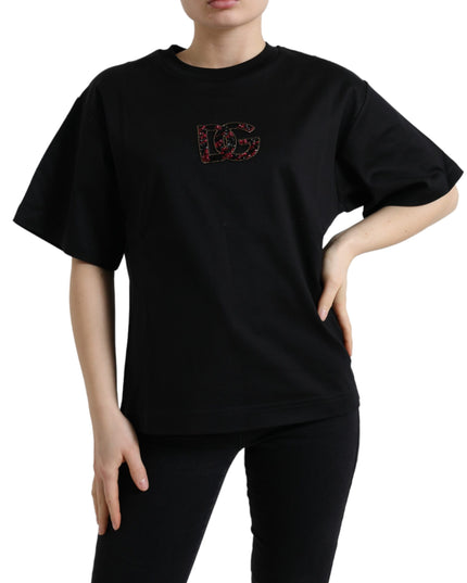 Dolce & Gabbana Black Cotton DG Crystal Crewneck Tee T-shirt