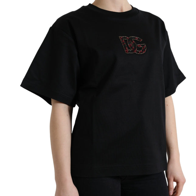 Dolce & Gabbana Black Cotton DG Crystal Crewneck Tee T-shirt
