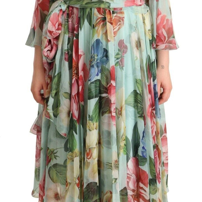 Dolce & Gabbana Multicolor Green Floral Silk Wrap Midi Dress