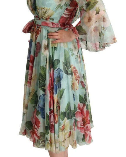 Dolce & Gabbana Multicolor Green Floral Silk Wrap Midi Dress