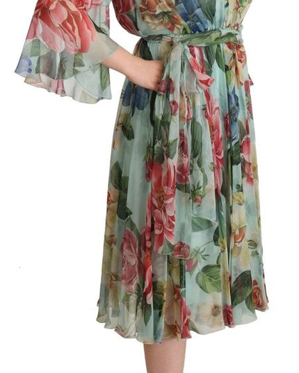 Dolce & Gabbana Multicolor Green Floral Silk Wrap Midi Dress
