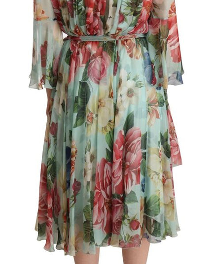 Dolce & Gabbana Multicolor Green Floral Silk Wrap Midi Dress