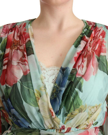 Dolce & Gabbana Multicolor Green Floral Silk Wrap Midi Dress