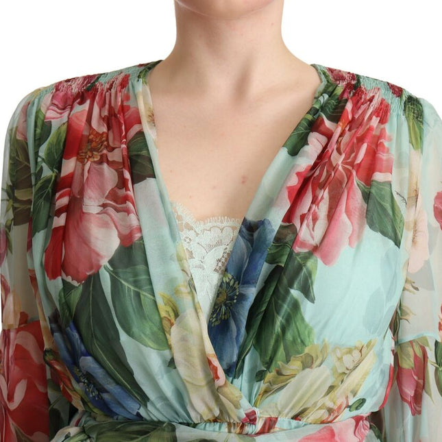 Dolce & Gabbana Multicolor Green Floral Silk Wrap Midi Dress