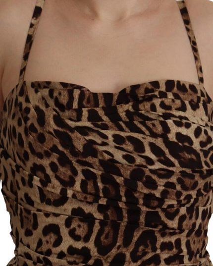 Dolce & Gabbana Brown Leopard Print Ruched Midi Dress