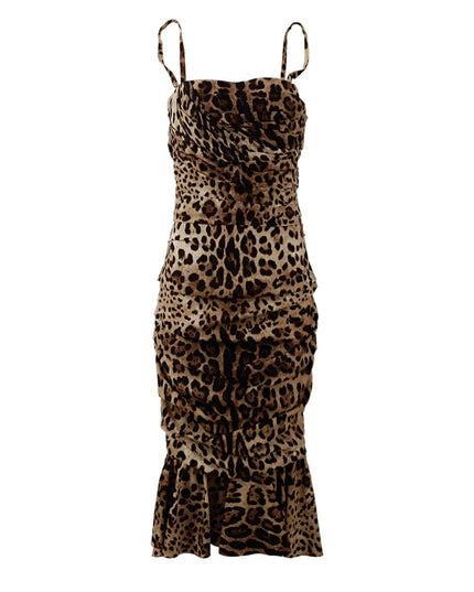 Dolce & Gabbana Brown Leopard Print Ruched Midi Dress