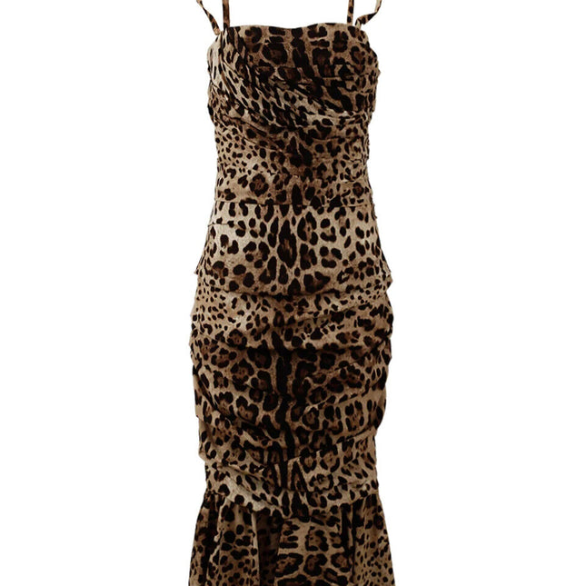 Dolce & Gabbana Brown Leopard Print Ruched Midi Dress
