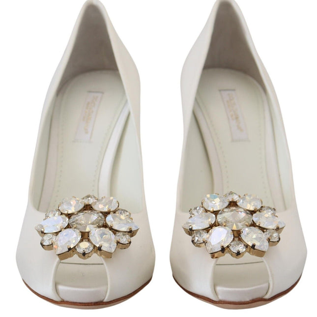 Dolce & Gabbana White Crystals Peep Toe Heel Satin Pumps