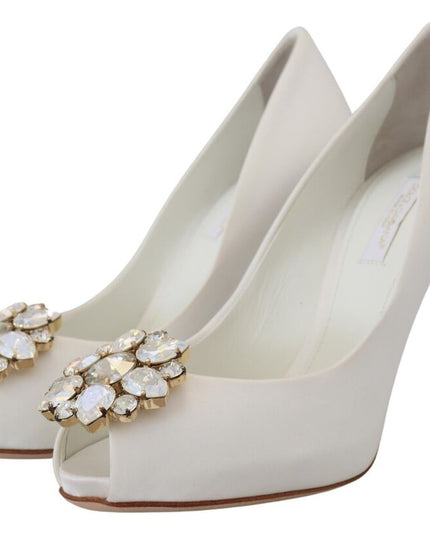 Dolce & Gabbana White Crystals Peep Toe Heel Satin Pumps