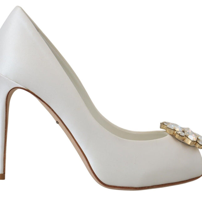 Dolce & Gabbana White Crystals Peep Toe Heel Satin Pumps