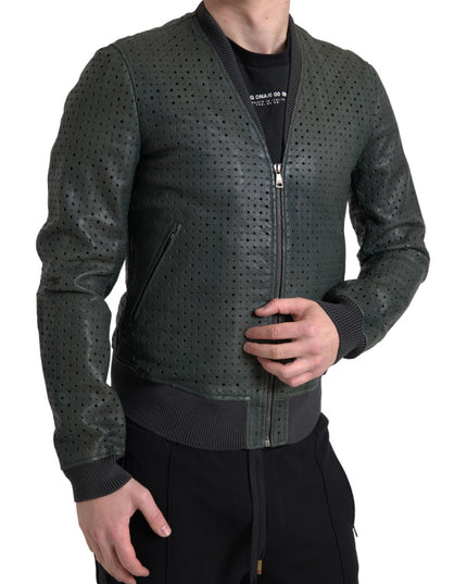Dolce & Gabbana Green Perforated Leather Bomber Jacket