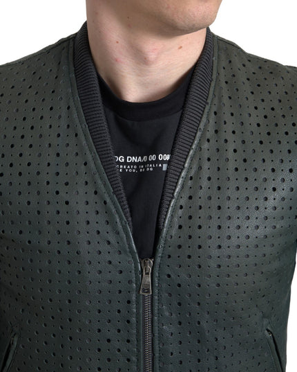 Dolce & Gabbana Green Perforated Leather Bomber Jacket