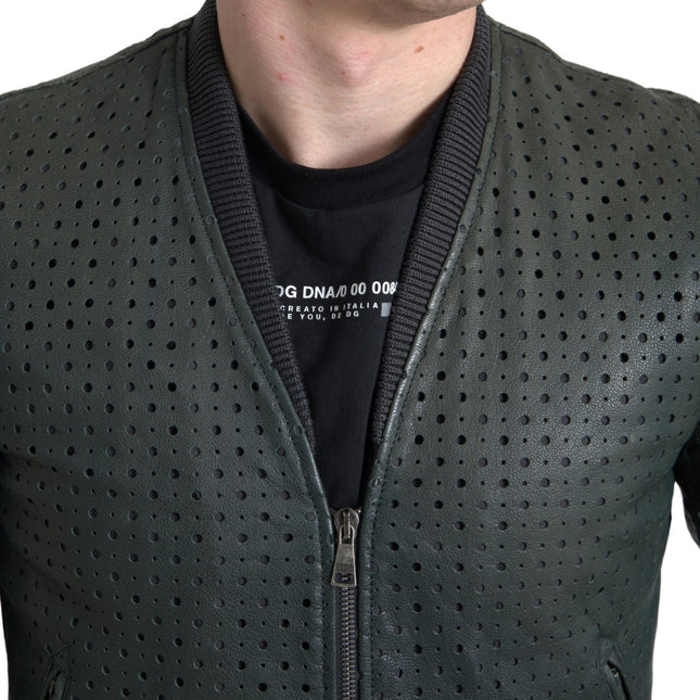 Dolce & Gabbana Green Perforated Leather Bomber Jacket