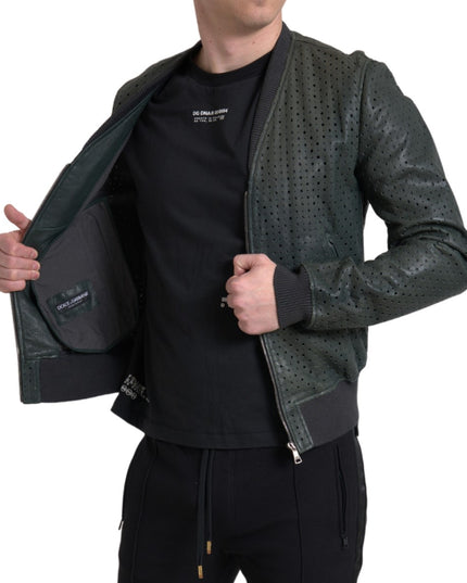 Dolce & Gabbana Green Perforated Leather Bomber Jacket