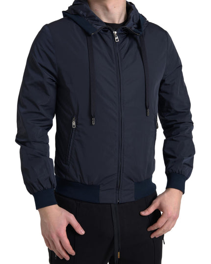 Dolce & Gabbana Blue Hooded Logo Polyester Full Zip Sweater