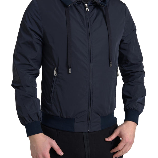 Dolce & Gabbana Blue Hooded Logo Polyester Full Zip Sweater