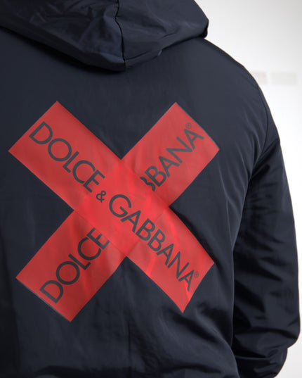 Dolce & Gabbana Blue Hooded Logo Polyester Full Zip Sweater
