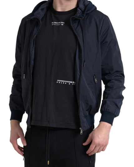 Dolce & Gabbana Blue Hooded Logo Polyester Full Zip Sweater