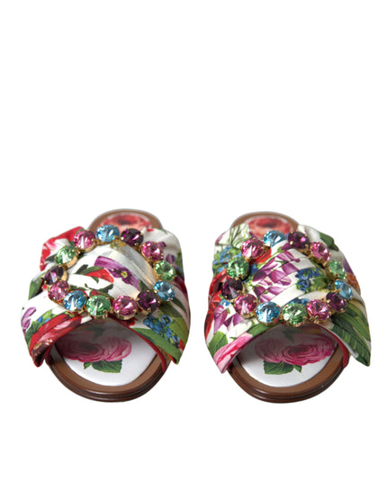 Dolce & Gabbana Multicolor Floral Flats Crystal Sandals Shoes