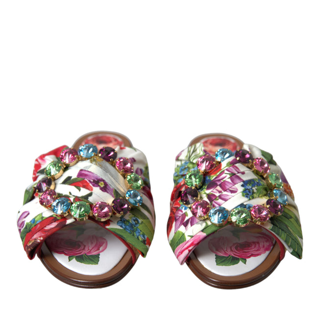 Dolce & Gabbana Multicolor Floral Flats Crystal Sandals Shoes
