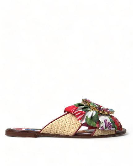 Dolce & Gabbana Multicolor Floral Flats Crystal Sandals Shoes