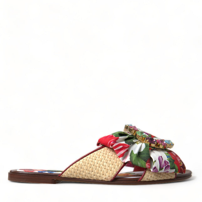 Dolce & Gabbana Multicolor Floral Flats Crystal Sandals Shoes
