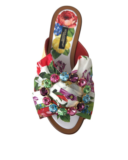Dolce & Gabbana Multicolor Floral Flats Crystal Sandals Shoes