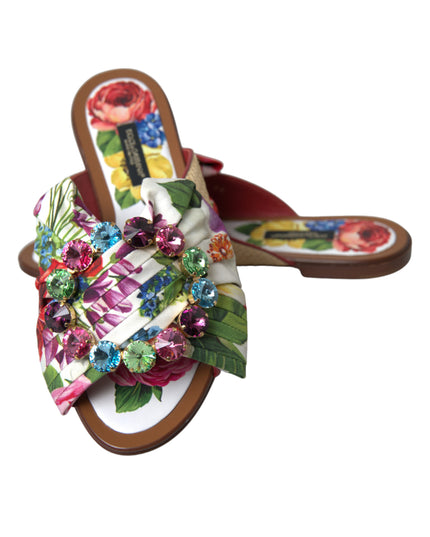 Dolce & Gabbana Multicolor Floral Flats Crystal Sandals Shoes